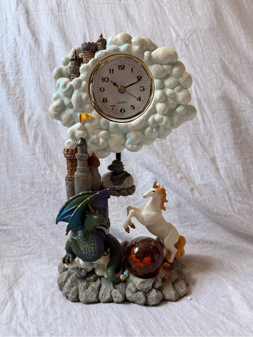 Cadona Fantasy Dragon and Unicorn Cloud Clock - White